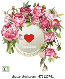 Floral greeting card or template for congratulation design with pink Peony flower, eps8