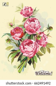 Floral greeting card or template for congratulation design with pink Peony flower