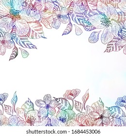 Floral  greeting card template design, wedding invitation sakura flowers with leaves space for your text or lettering message Colorful vibrant modern line art  vector spring background vintage style