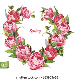 Floral greeting card or template for Valentine's Day design with pink Peony flower