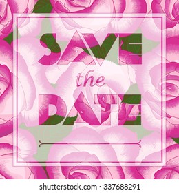 Floral greeting card with the text Save the date. Seamless pattern with festive flower bouquet ornament. Vector illustration