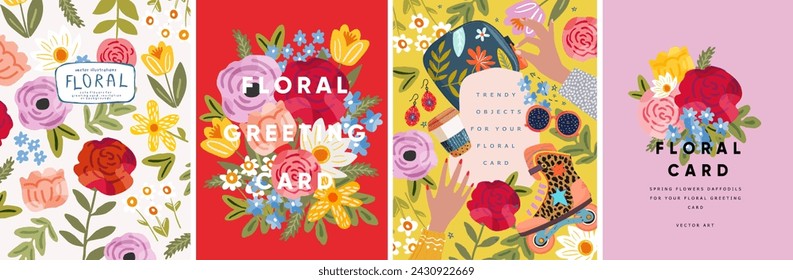 Floral greeting card. Vector cute modern trend illustration of bright flowers, plants, leaves, pattern, girly objects, roller skates, hands, peony, rose for invitation, poster, card, flyer, background