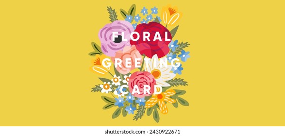 Floral greeting card. Vector cute modern trendy illustration of bright flowers, bouquet, plants, leaves, peony, rose for invitation, poster, card, flyer, banner or background