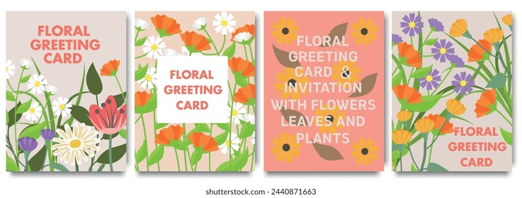 Floral greeting card. Vector illustrations of spring cute watercolor flowers, plants, leaves for invitation, pattern or background. Cover design for abstract greeting card, wedding invitation 