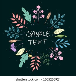Floral Greeting Card Vector Template. Frame With Hand Drawn Flowers And Leaves Illustration. Border For The Text. Festive Poster, Wedding Invitation, Frame For Text on a dark background.