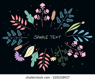 Floral Greeting Card Vector Template. Frame With Hand Drawn Flowers And Leaves Illustration. Border For The Text. Festive Poster, Wedding Invitation, Frame For Text on a dark background.