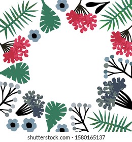 Floral greeting card vector template. Frame with hand-drawn leaves and berries on the branches. Place for text in the center.