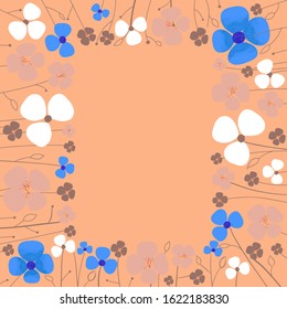 Floral greeting card vector template. Frame with hand drawn leaves and flowers illustrations. Vintage border for text. Wedding invitation, holiday posters, insulated square decorative frame