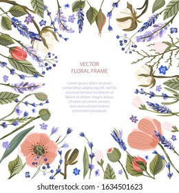 Floral greeting card vector template. Frame with hand drawn leaves and wild field flowers illustrations in a flat style. Poppy, lavender, cotton and roses.