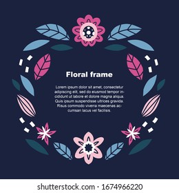 Floral greeting card vector template. Frame with hand drawn leaves and flowers illustrations. Vintage border for text. Wedding invitation, holiday poster, article scandinavian style design idea