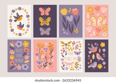 Floral greeting cards with birds, butterflies, dragonflies, flowers, tulips, leaves, cyclamens in Peach, White, Yellow and Violet. Perfect for seasonal holiday decoration. Vector illustration