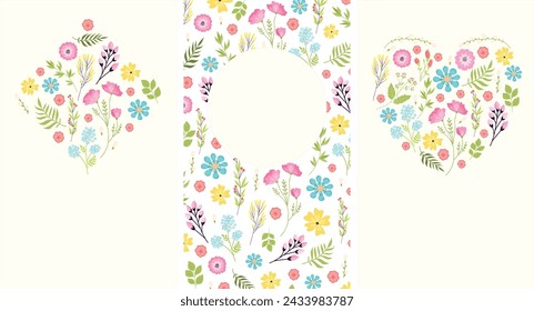 Floral greeting cards colorful flowers leaves arranged patterns shapes. Spring blossoms foliage invitations. Cheerful delicate nature designs vector illustration