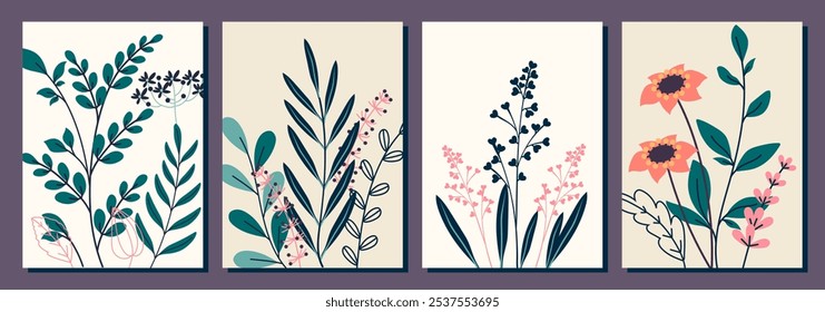 Floral Greeting Cards in Minimalist Modern Style. Elegant hand drawn botanical illustrations, perfect for creative projects, prints, posters, and invitations. 