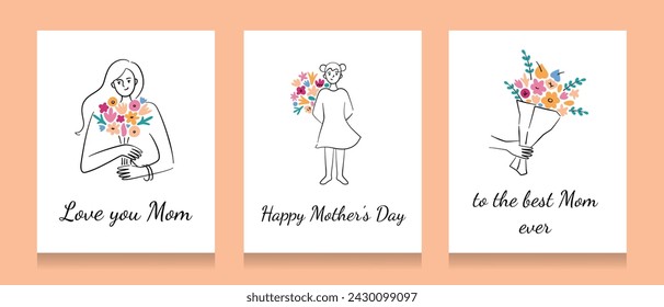 Floral greeting cards for Mothers Day, love you mom, happy woman with flowers, gift for mommy, beautiful postcard with love, template with copy space, girl holding bouquet, good for poster design