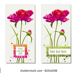 Floral greeting cards with red peony flower and bud