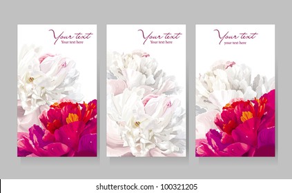 Floral greeting cards with red and white peony flowers