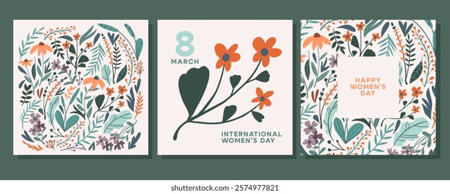 Floral greeting cards set. Celebrating International Women's Day. Hand drawn flat simple flowers, leaves and text for March 8 designs, posters, invitations. Vector illustration. Spring holidays