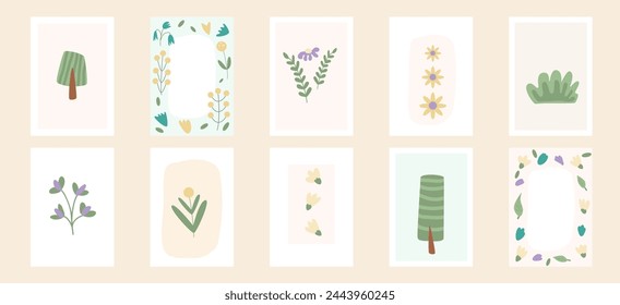 Floral greeting cards set. Flower background banner template. Cover with simple childish decoration. Vector flat illustration.