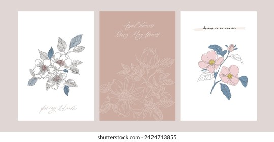 Tarjetas de felicitación florales, conjunto de flores suaves, rosas de primavera, camelias, rosa mosqueta silvestre. Invitación de boda, ilustraciones de vector botánico