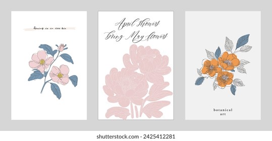 Floral greeting cards, set of gentle flowers, spring roses, camellias, wild rosehip. Wedding invitation, botanical vector illustrations