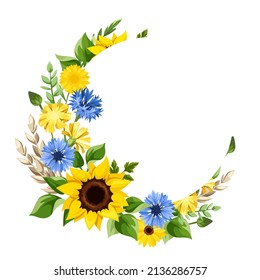 Floral greeting or invitation card design with blue and yellow sunflowers, cornflowers, dandelion flowers, ears of wheat, and green leaves. Vector floral circle frame