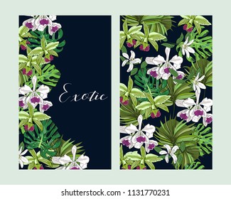 Floral greeting invitation card template design, tropical exotic flowers and palm leaves on dark blue background. Package design.