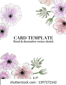 Floral  greeting, invitation card template design with violet botanical art. wedding template.
