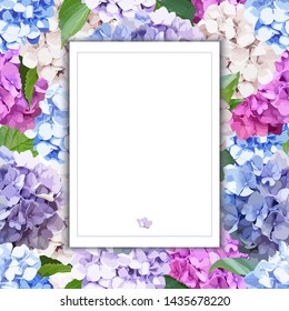 Floral greeting invitation card template design with flowers for wedding, marriage, bridal, birthday, Valentine's day. Filigree roses and hydrangea in realistic style. Space for text