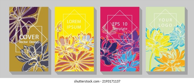 Floral greeting invitation card template design. hand drawn lotus flowers with leaves, minimalist pastel style   Vector illustration.