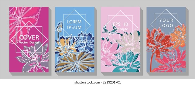 Floral greeting invitation card template design. hand drawn lotus flowers with leaves, minimalist pastel style  Lotus line arts hand draw gold lotus flower and leaves.