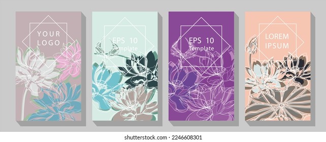 Floral greeting invitation card template design. hand drawn lotus flowers with leaves, minimalist pastel style  Lotus line arts hand draw gold lotus flower and leaves.