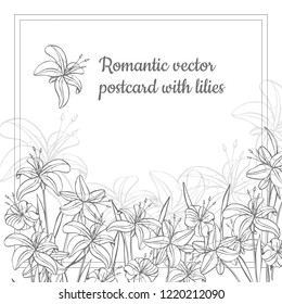 Floral greeting or invitation template design, hand drawn lilies. Minimalist style.