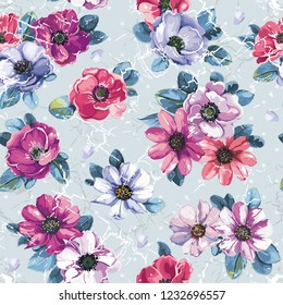 Floral greeting seamless pattern with beautiful bouquet blossoming spring anemones. Elegant template with flowers. Illustration for print or background in watercolor style