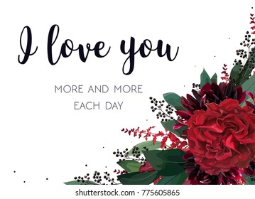 Floral greeting valentine card design: garden red burgundy rose flower eucalyptus greenery foliage berries and branches boho stylish frame border bouquet print element. Vector wedding invite, postcard