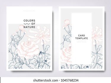 Floral greeting/invitation card template design, hand drawn rose and Chrysanthemum flowers with leaves, minimalist pastel style