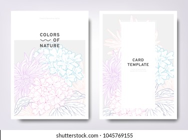 Floral greeting/invitation card template design, hand drawn hydrangea and Petite Jenny flowers with leaves, minimalist pastel style