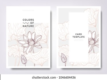 Floral greeting/invitation card template design, hand drawn lotus flowers with leaves, minimalist pastel style