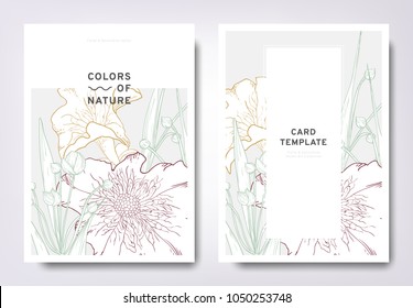 Floral greeting/invitation card template design, hand drawn wildflower with leaves, minimalist pastel style