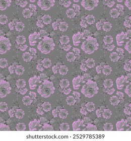 Floral, grey roses blue seamless pattern. Seamless vector pattern of twigs with rosebuds. Seamless vector pattern of rose twigs with buds. Sprigs of roses with buds. Rosebuds.