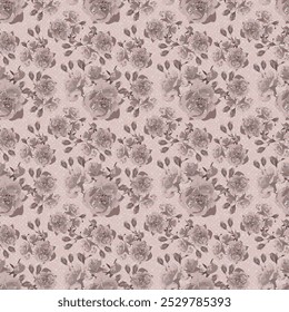 Floral, grey roses blue seamless pattern. Seamless vector pattern of twigs with rosebuds. Seamless vector pattern of rose twigs with buds. Sprigs of roses with buds. Rosebuds.