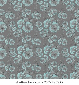 Floral, grey roses blue seamless pattern. Seamless vector pattern of twigs with rosebuds. Seamless vector pattern of rose twigs with buds. Sprigs of roses with buds. Rosebuds.