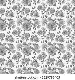 Floral, grey roses blue seamless pattern. Seamless vector pattern of twigs with rosebuds. Seamless vector pattern of rose twigs with buds. Sprigs of roses with buds. Rosebuds.