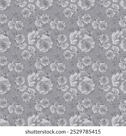 Floral, grey roses blue seamless pattern. Seamless vector pattern of twigs with rosebuds. Seamless vector pattern of rose twigs with buds. Sprigs of roses with buds. Rosebuds.