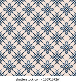 Floral grid seamless pattern. Abstract geometric texture. Simple vector blue and beige ornament with floral shapes, rhombuses, stars, grid, net, mesh, lattice. Repeat design for wallpapers, textile