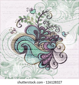 Floral grunge background with waves, clouds, plants and birds. Eps10