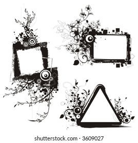 Floral grunge frame series. A set of three black and white frames with floral, ornamental and grunge details.