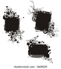 Floral grunge frame series. A set of three black frames with floral, ornamental and grunge details.