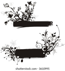 Floral grunge frame series. A set of two black frames with floral, ornamental and grunge details.