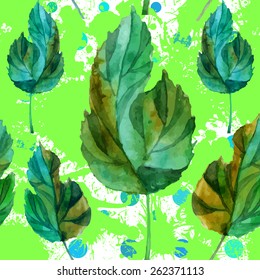 Floral grunge seamless pattern. Spring leaves with blots background. Vector watercolor illustration