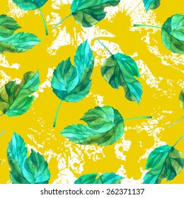 Floral grunge seamless pattern. Spring leaves with blots background. Vector watercolor illustration